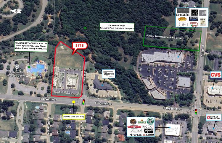 retail restaurant lot for ground lease or build to suite, Edmond, OK retailer aerial labeled