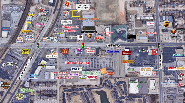 Shoppes on Broadway pad site for sale Edmond, OK aerial